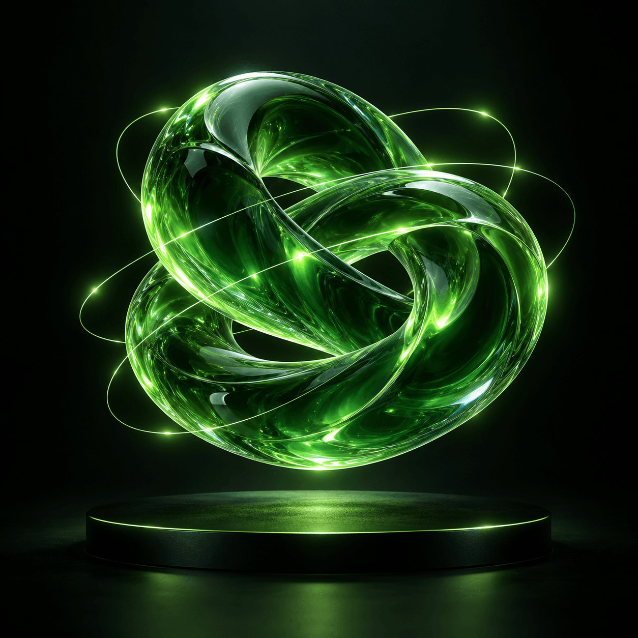 An Abstract Emerald Glass Sculpture With Glowing Orbital Light Trails
